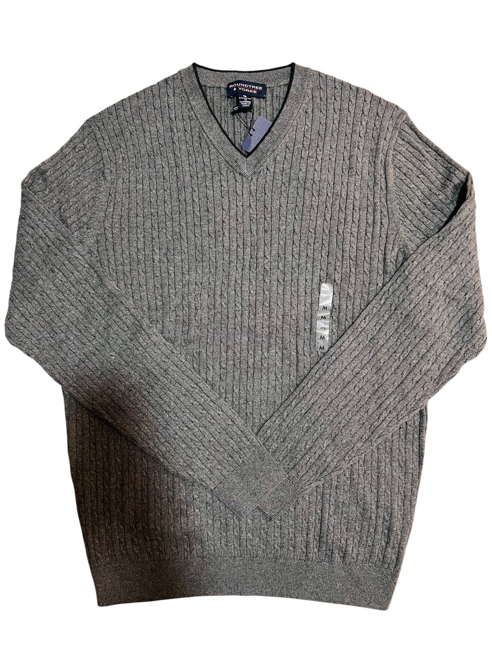 Roundtree & Yorke Gray Cable Knit Cashmere Blend V-Neck Sweater NWT Medium
